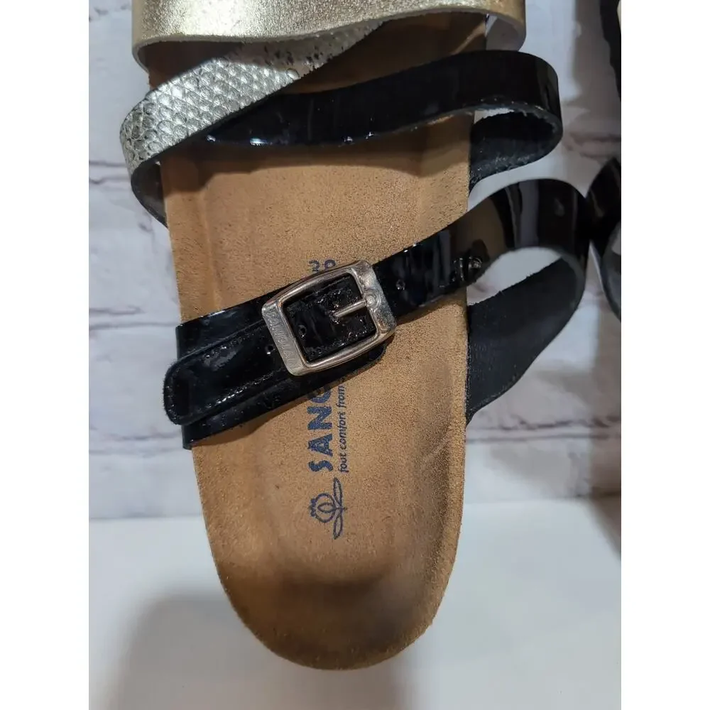 Sanosan Black Patent Metallic Leather Straps Soft Footbed Cork Wedge Sandals 38